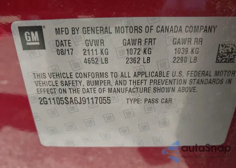 2018 Chevrolet Impala 1Lt из США, поврежденный, VIN 2G1105SA6J9117055